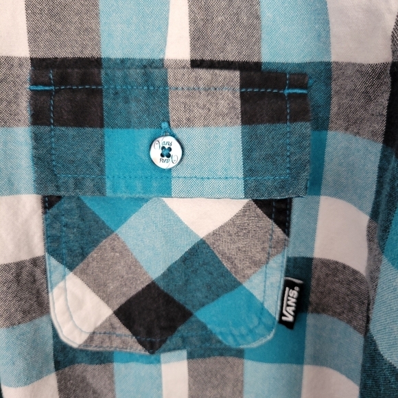 Vans Boys Large Long Sleeve Button Up Shirt Blue Black White Plaid Check Top - Picture 5 of 7